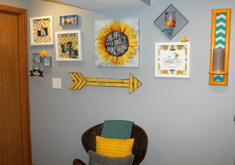 OUR FINISHED BASEMENT – GRAY, YELLOW + TURQUOISE